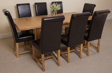 Seattle Oak Extending Dining Table with 8 Washington Brown Leather Chairs