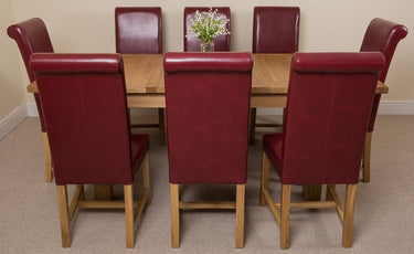 Seattle Oak Extending Dining Table with 8 Washington Burgundy Leather Chairs