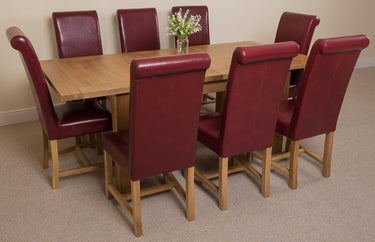 Seattle Oak Extending Dining Table with 8 Washington Burgundy Leather Chairs