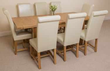 Seattle Oak Extending Dining Table with 8 Washington Ivory Leather Chairs