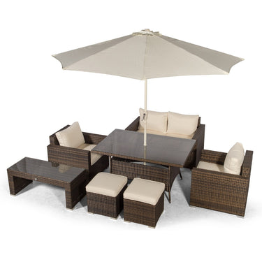 Sydney 6 Seater Conversation Dining Set With Coffee Table & 2 Stools - Brown