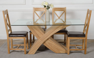 Valencia Oak Small Glass Dining Table & 4 Berkeley Oak & Brown Leather Chairs