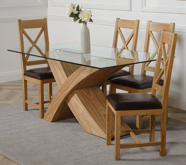 Valencia Oak Small Glass Dining Table & 4 Berkeley Oak & Brown Leather Chairs