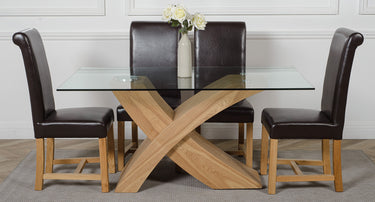 Valencia Oak Small Glass Dining Table & 4 Washington Brown Leather Chairs