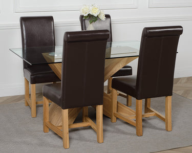 Valencia Oak Small Glass Dining Table & 4 Washington Brown Leather Chairs