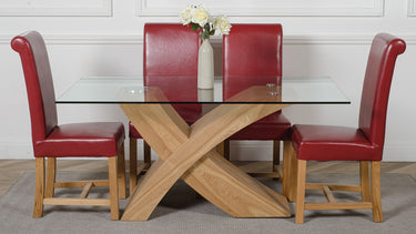 Valencia Oak Small Glass Dining Table & 4 Washington Burgundy Leather Chairs