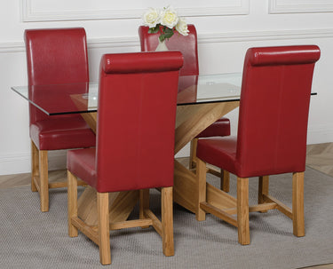 Valencia Oak Small Glass Dining Table & 4 Washington Burgundy Leather Chairs