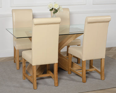 Valencia Oak Small Glass Dining Table & 4 Washington Ivory Leather Chairs