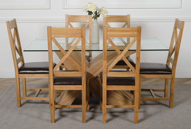 Valencia Oak Small Glass Dining Table & 6 Berkeley Oak & Brown Leather Chairs