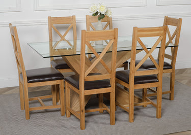 Valencia Oak Small Glass Dining Table & 6 Berkeley Oak & Brown Leather Chairs