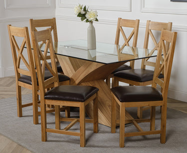 Valencia Oak Small Glass Dining Table & 6 Berkeley Oak & Brown Leather Chairs