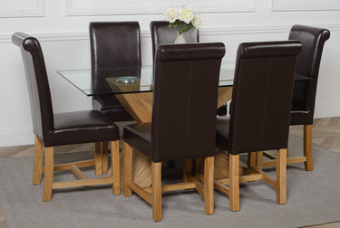 Valencia Oak Small Glass Dining Table & 6 Washington Brown Leather Chairs