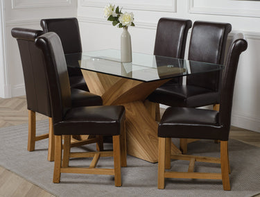 Valencia Oak Small Glass Dining Table & 6 Washington Brown Leather Chairs