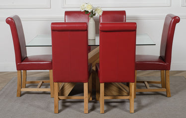 Valencia Oak Small Glass Dining Table & 6 Washington Burgundy Leather Chairs