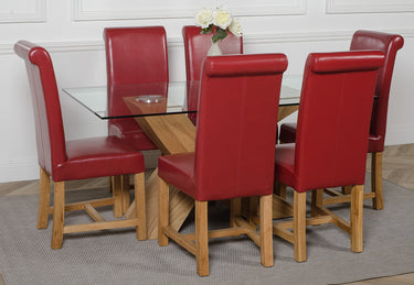 Valencia Oak Small Glass Dining Table & 6 Washington Burgundy Leather Chairs