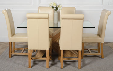 Valencia Oak Small Glass Dining Table & 6 Washington Ivory Leather Chairs