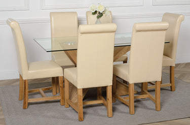 Valencia Oak Small Glass Dining Table & 6 Washington Ivory Leather Chairs