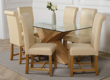 Valencia Oak Small Glass Dining Table & 6 Washington Ivory Leather Chairs