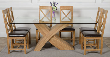 Valencia Oak Large Glass Dining Table & 6 Berkeley Oak & Brown Leather Chairs