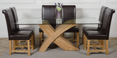 Valencia Oak Large Glass Dining Table & 6 Washington Brown Leather Chairs