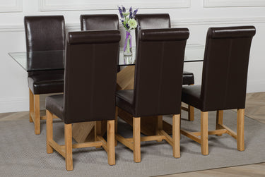Valencia Oak Large Glass Dining Table & 6 Washington Brown Leather Chairs
