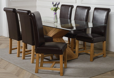 Valencia Oak Large Glass Dining Table & 6 Washington Brown Leather Chairs