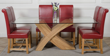 Valencia Oak Large Glass Dining Table & 6 Washington Burgundy Leather Chairs