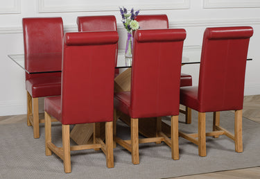 Valencia Oak Large Glass Dining Table & 6 Washington Burgundy Leather Chairs