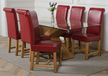 Valencia Oak Large Glass Dining Table & 6 Washington Burgundy Leather Chairs