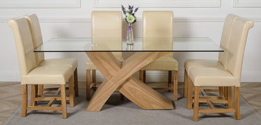 Valencia Oak Large Glass Dining Table & 6 Washington Ivory Leather Chairs