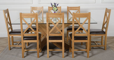 Valencia Oak Large Glass Dining Table & 8 Berkeley Oak & Brown Leather Chairs