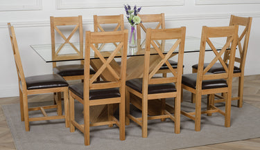 Valencia Oak Large Glass Dining Table & 8 Berkeley Oak & Brown Leather Chairs