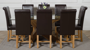 Valencia Oak Large Glass Dining Table & 8 Washington Brown Leather Chairs