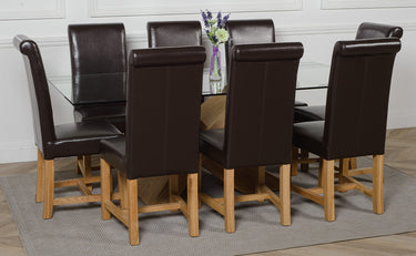 Valencia Oak Large Glass Dining Table & 8 Washington Brown Leather Chairs