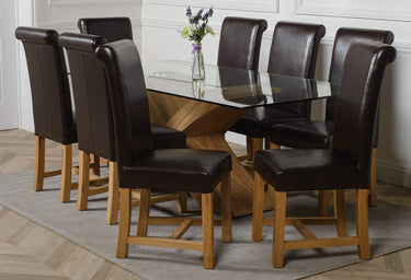 Valencia Oak Large Glass Dining Table & 8 Washington Brown Leather Chairs