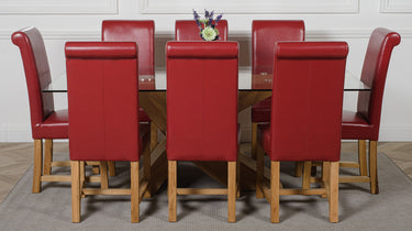 Valencia Oak Large Glass Dining Table & 8 Washington Burgundy Leather Chairs