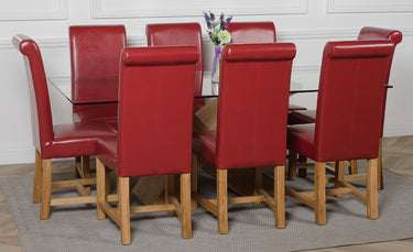 Valencia Oak Large Glass Dining Table & 8 Washington Burgundy Leather Chairs