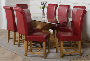 Valencia Oak Large Glass Dining Table & 8 Washington Burgundy Leather Chairs
