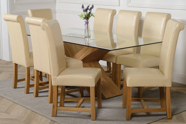 Valencia Oak Large Glass Dining Table & 8 Washington Ivory Leather Chairs