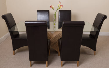Valencia Oak Large Glass Dining Table & 6 Montana Brown Leather Chairs