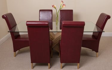 Valencia Oak Large Glass Dining Table & 6 Montana Burgundy Leather Chairs