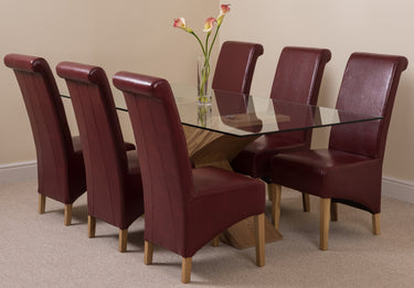 Valencia Oak Large Glass Dining Table & 6 Montana Burgundy Leather Chairs