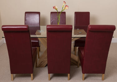 Valencia Oak Large Glass Dining Table & 6 Montana Burgundy Leather Chairs