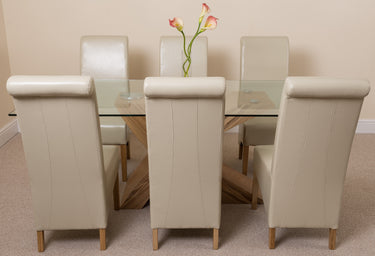 Valencia Oak Large Glass Dining Table & 6 Montana Ivory Leather Chairs