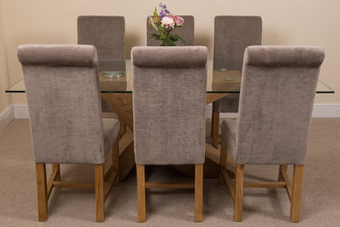 Valencia Oak Large Glass Dining Table & 6 Washington Grey Fabric Chairs
