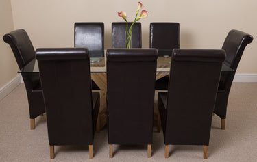 Valencia Oak Large Glass Dining Table & 8 Montana Brown Leather Chairs