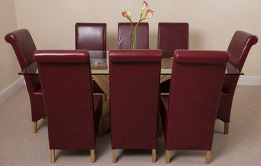 Valencia Oak Large Glass Dining Table & 8 Montana Burgundy Leather Chairs