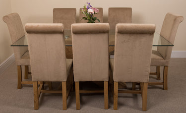 Valencia Oak Large Glass Dining Table & 8 Washington Beige Fabric Chairs