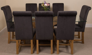 Valencia Oak Large Glass Dining Table & 8 Washington Black Fabric Chairs