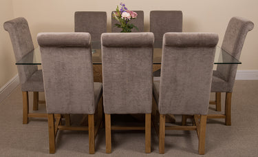 Valencia Oak Large Glass Dining Table & 8 Washington Grey Fabric Chairs